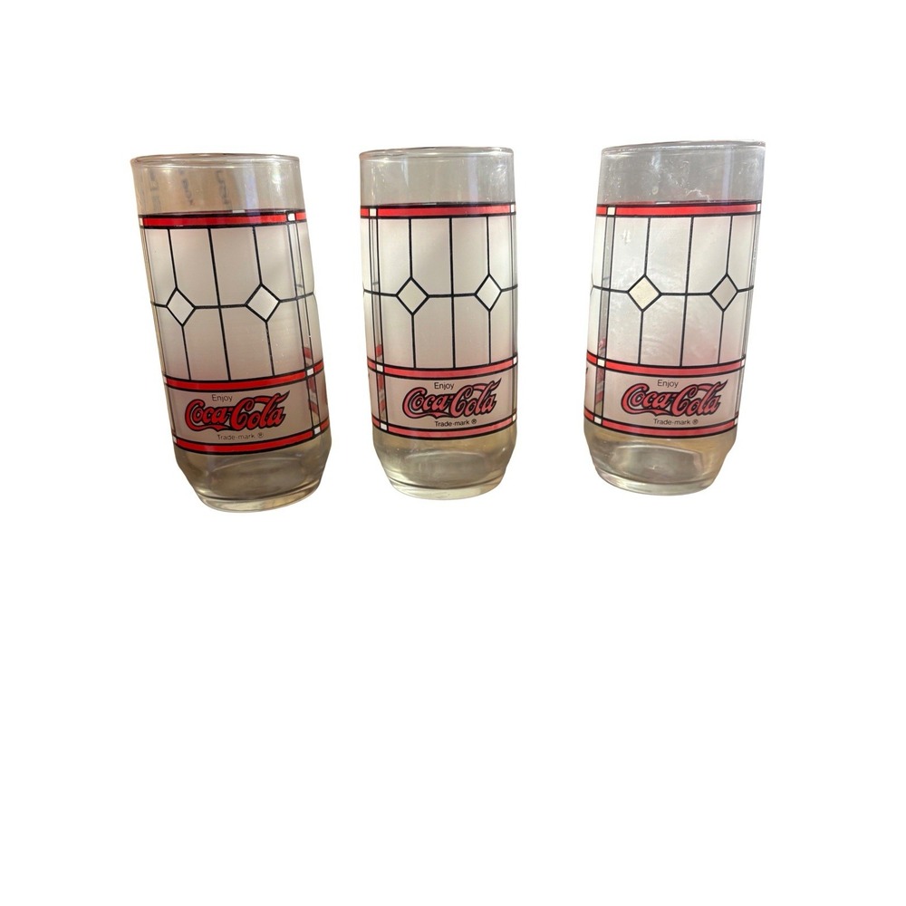 Vintage Set of 3 Tiffany Style Frosted Drinking Glasses Enjoy Coca‎ Cola